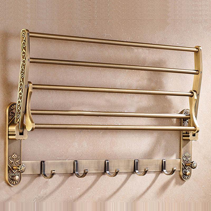 Antique Brass Double Towel Shelf With Hooks Bathroom Accessories