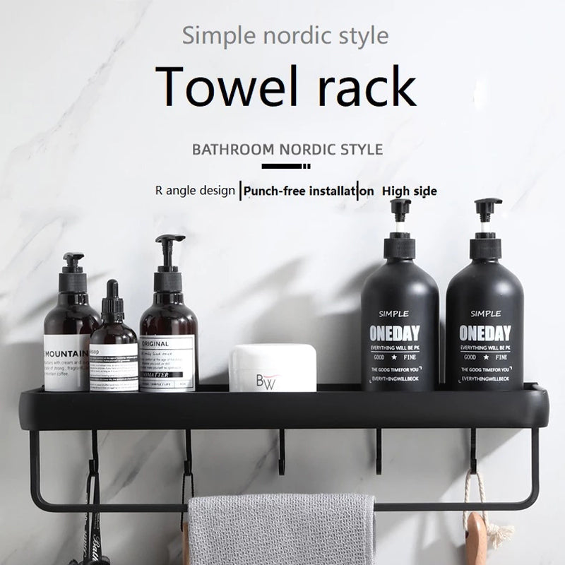 Punch-free Space aluminum Black Bathroom Shelves Kitchen Wall Shelf Shower  Storage Rack Towel Bar Bathroom