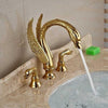 Golden Swan Shape Basin Tap Dual Handle Deck Mount Bathroom Faucet Solid Copper Golden Finish