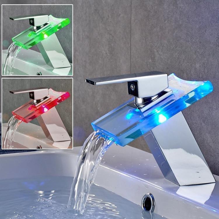 LED Waterfall Bathroom Faucet- Water Temperature Color Change Tap