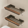 Aluminum and Wood Bathroom Shower Shelf Storage Suction Basket Rack