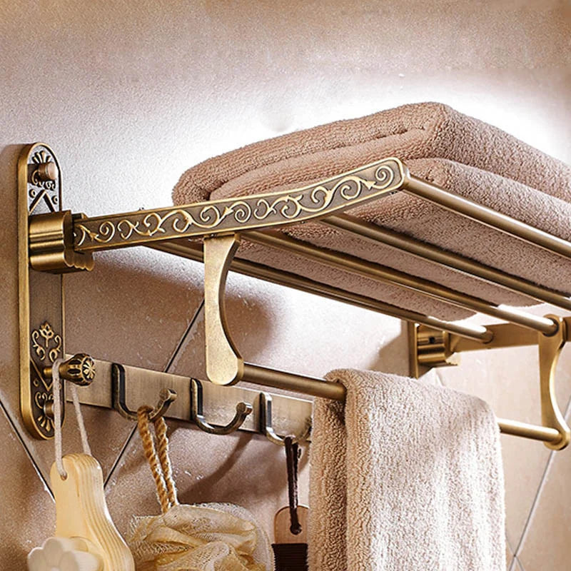 Foldable Antique Brass Bath Towel Rack Double Towel Shelf With Hooks