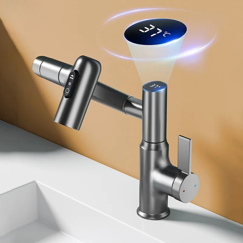 Sink Rotation LED Smart Digital Display Brass Basin Sink Faucet Rotation Mixer Tap ...