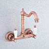 Red Copper Brass Wall Mounted Two Handles Levers Kitchen Sink Faucet