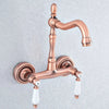 Red Copper Brass Wall Mounted Two Handles Levers Kitchen Sink Faucet