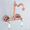 Red Copper Brass Wall Mounted Two Handles Levers Kitchen Sink Faucet