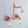 Red Copper Brass Wall Mounted Two Handles Levers Kitchen Sink Faucet